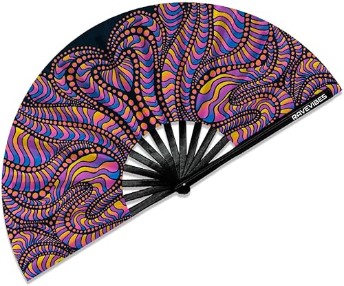 Miniatura 15 de Ravevibes Ventilador de mano plegable grande de 13 pulgadas, ventilador de bambú para festivales de bambú, ventiladores plegables con brillo UV para