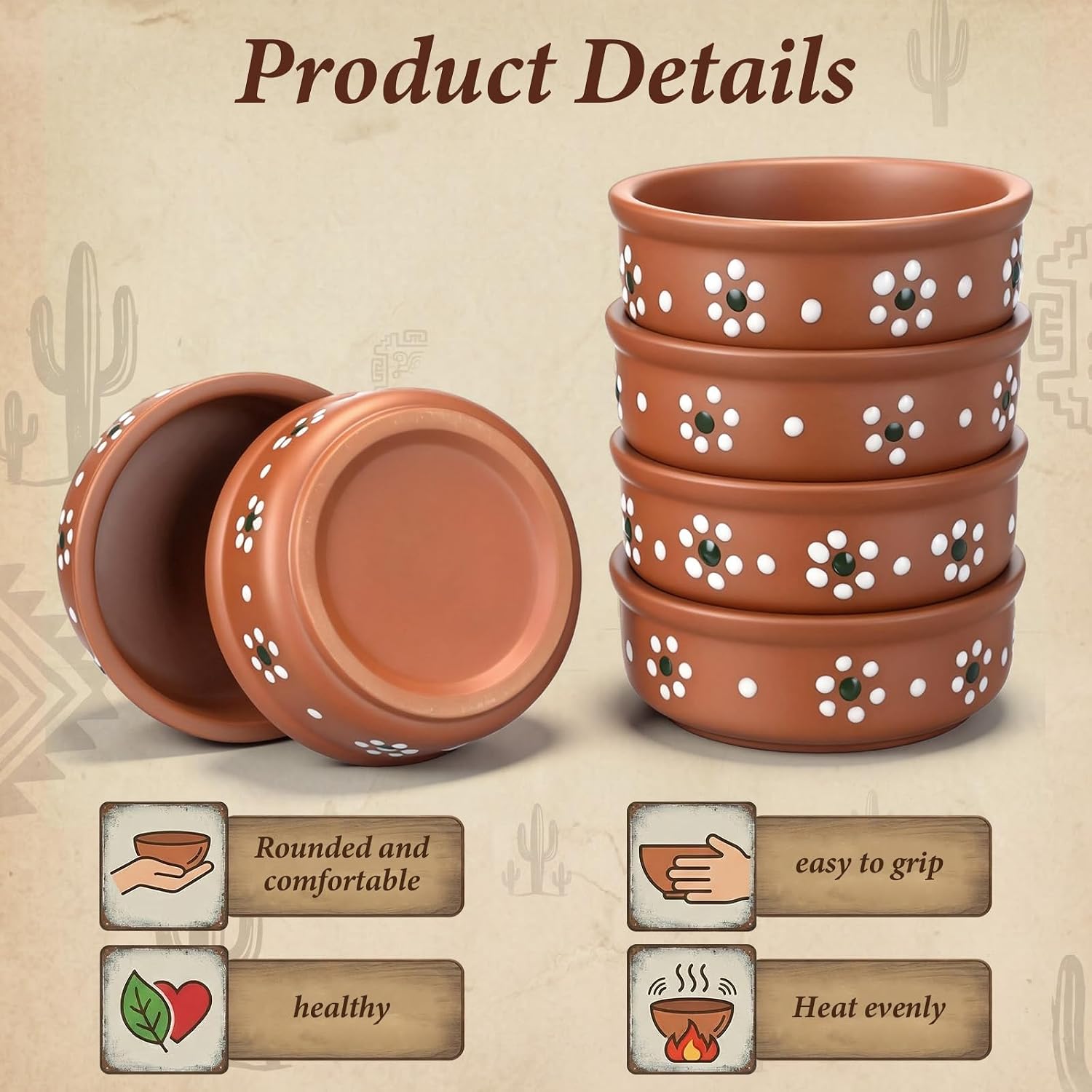 Remerry 12 Pcs Mexican Clay Bowls Set, 4.33 Inch Floral Terracotta Traditional Clay Cooking Pots, Plates, and Serving Dish, Platos De Barro Mexicanos Earthenware for Baking, Yogurt, Mexican Cuisine