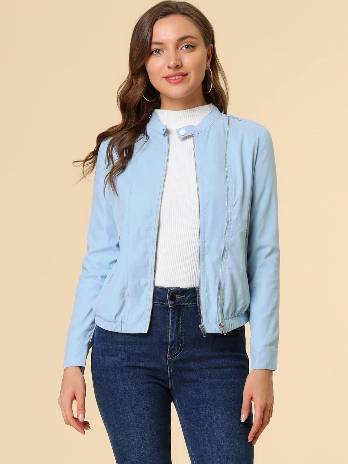 Allegra K Women's Lightweight Classic Casual Stand Collar Pocket Short Biker Moto Jacket