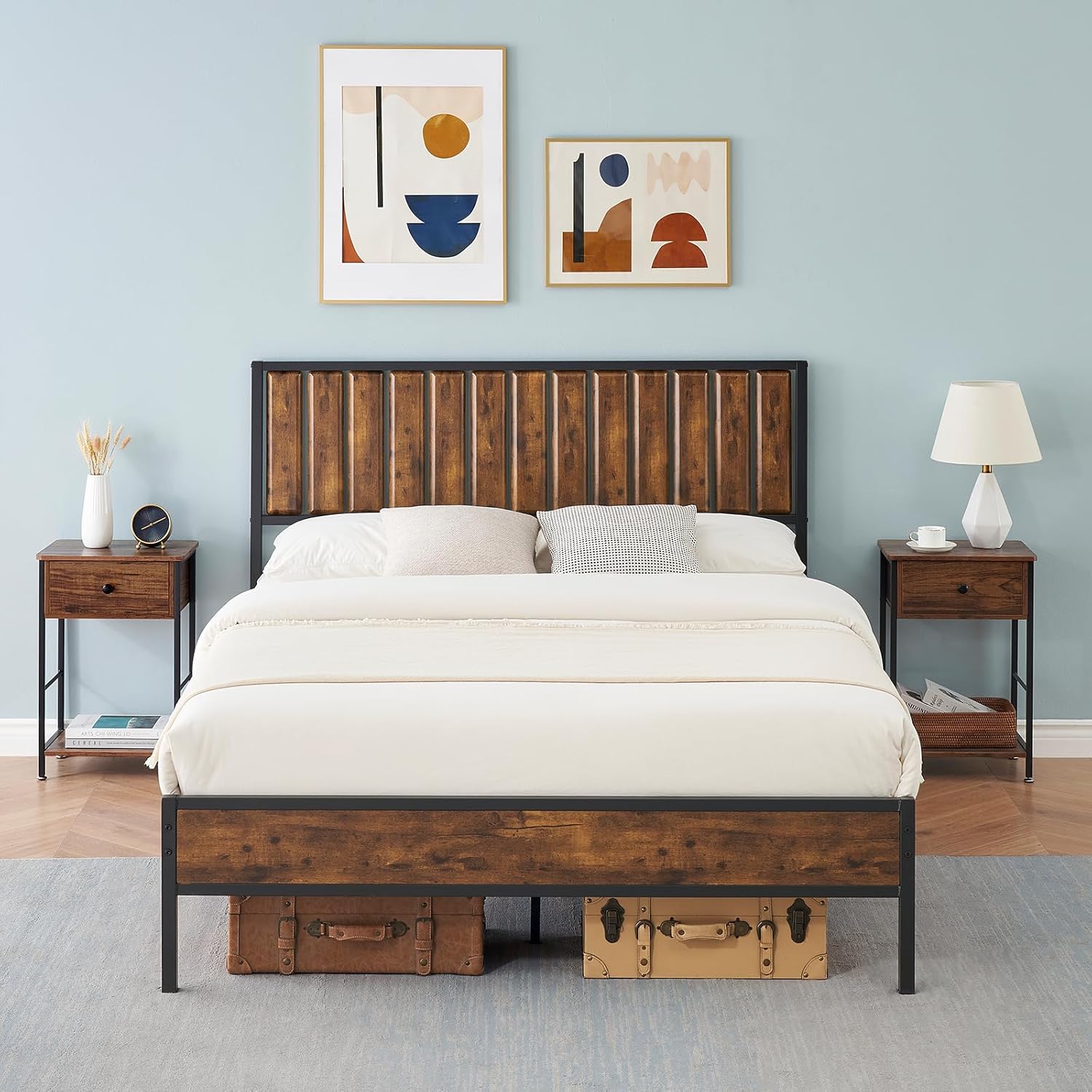 IDEALHOUSE Full Bed Frame with Wooden Headboard and Footboard,Metal Full Size Bed Frame, No Box Spring Needed, 12 inch Easy to Assemble Noise Free Mattress Foundation,Rustic Brown (Full)