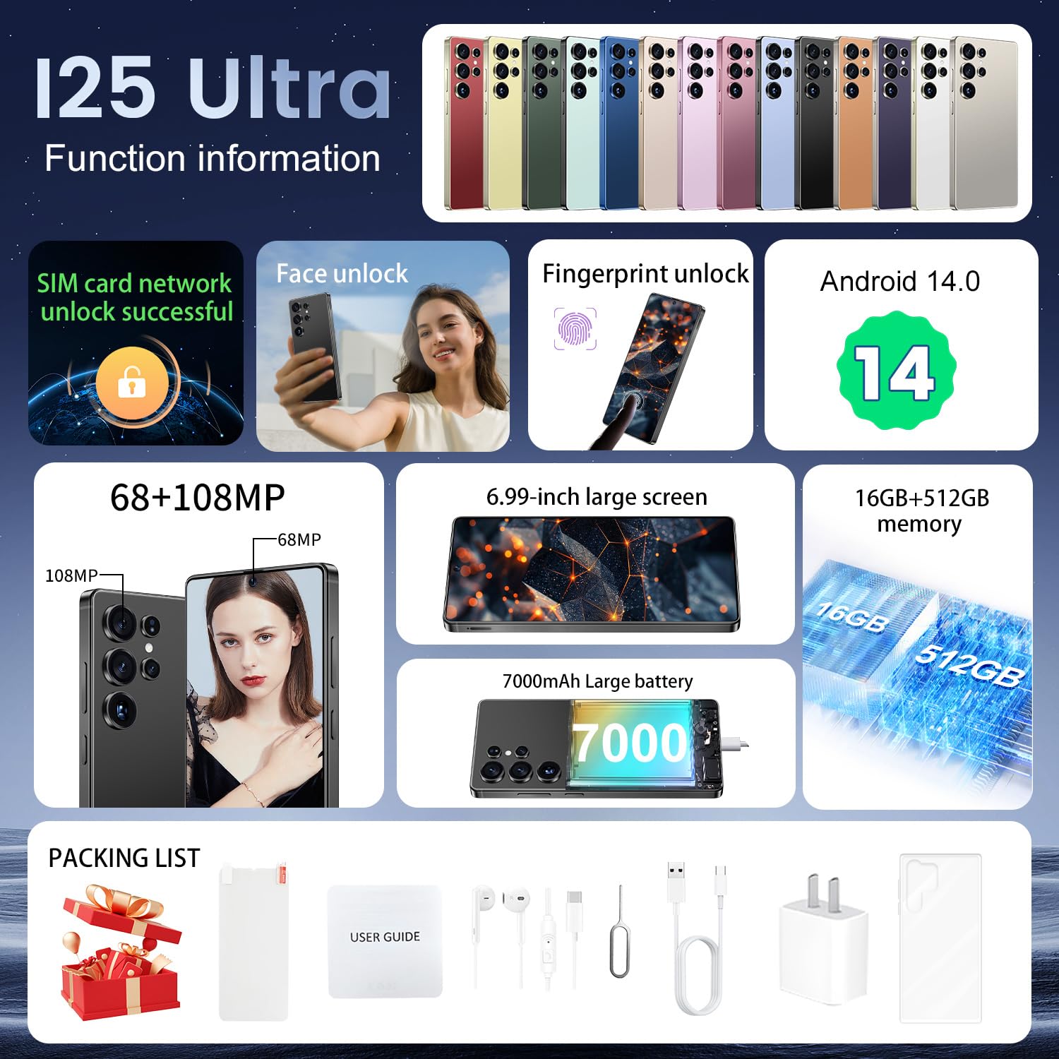 I25 Ultra Smartphone 16GB+512GB Android 14 Smartphone, 6.99" FHD+ Display, 7000mAh Battery, 108MP+68MP Dual Camera, Built-in Pen Stylus, Fast Performance Large Memory (Blue)