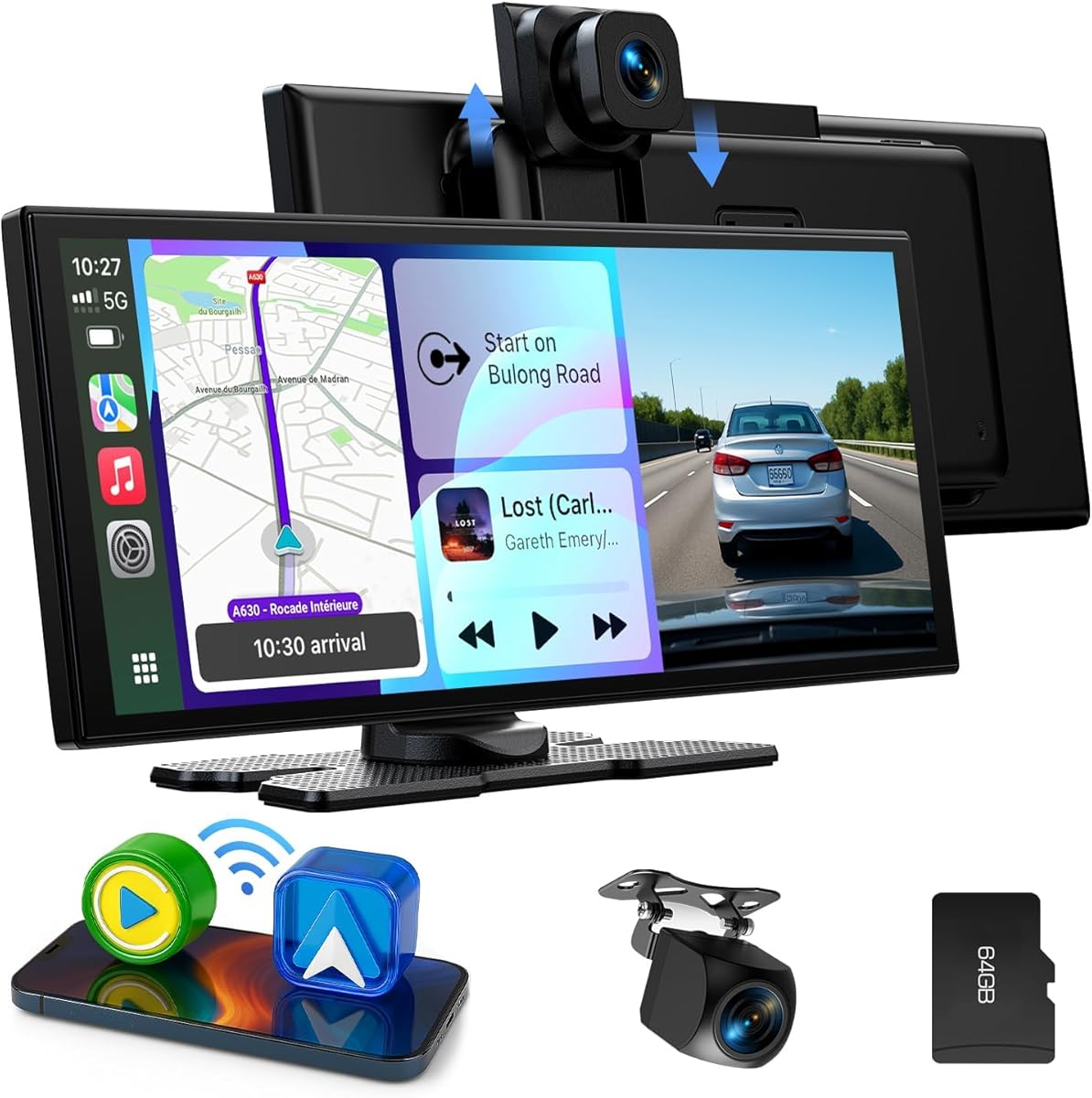 LAMTTO Wireless CarPlay Android Auto Display 10,25 Zoll In-Cell Touchscreen Car Play mit Dashcam 2.5K+1080P Sprachsteuerung Karten Navigation Bluetooth FM AUX Loop Aufnahme 64GB TF Karte