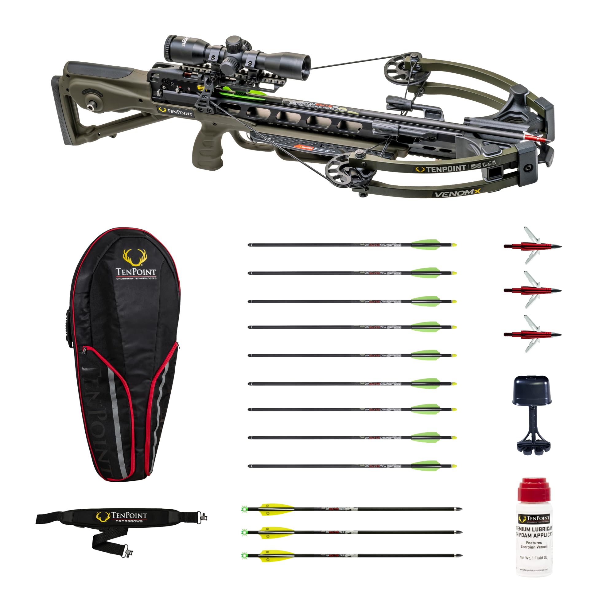TenPoint Venom X Bundle, Moss Green - Includes 9 Pro Elite 400 Non-Lighted + 3 Pro Elite 400 Lighted Arrows, 3 EVO-X CenterPunch Broadheads, Narrow Soft Case, Neoprene Sling & Premium Lubricant