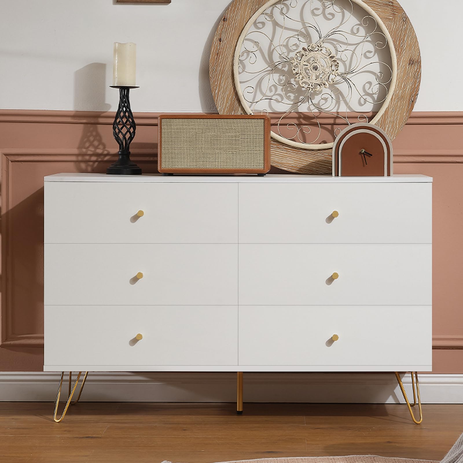 RVNRVN 6 Drawers Dresser for Bedroom, 47” Wide Wood Chest of Drawers TV Stand, Modern White Dresser for Kids Bedroom Closet Store Organizer and