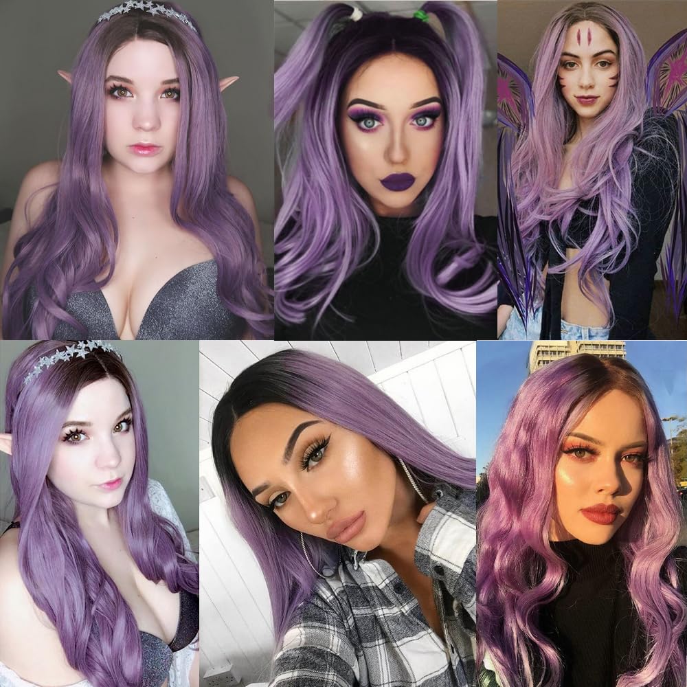 24" Ombre Purple Wigs Long Wavy Synthetic Lace Front Wigs for Women Dark Root to Violet Purple 2 Tones Middle Part Natural Looking Synthetic Heat Resistant Fiber Wig for Daily Party Use