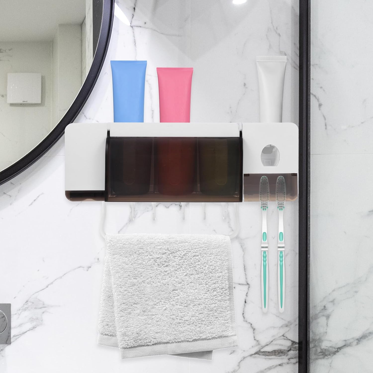 Uonlytech Multi-Functional Abs Toothbrush Holder Wall Toothbrush Stand with Cup and Toothpaste Storage for Bathrooms Showers Hotels Kitchen Organizer