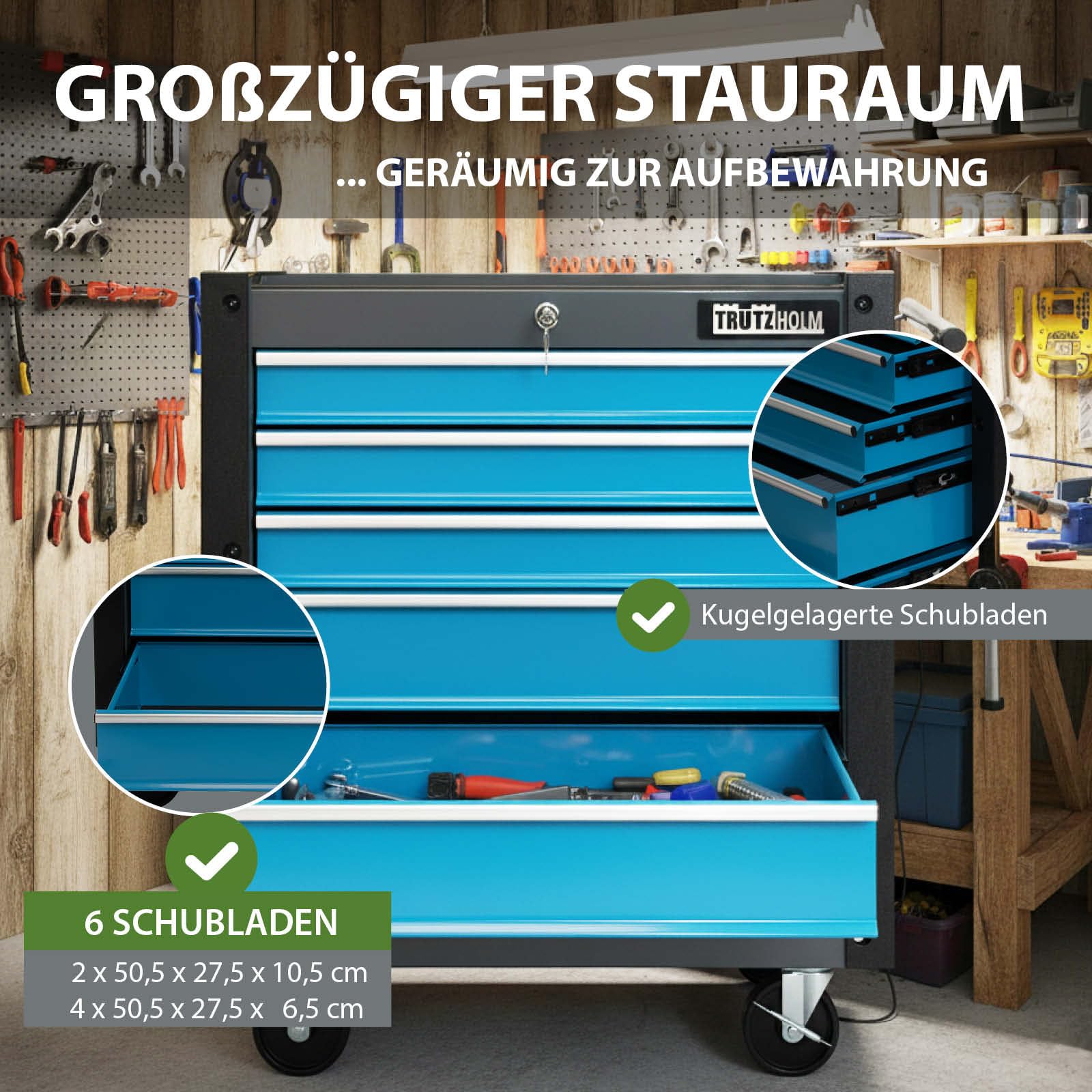 TRUTZHOLM Werkstattwagen TRUTZI mit 6 kugelgelagerten Schubladen, abschließbar, mit Anti-Slip-Einlagen, Eckschutzleisten, 4 Rollen (2 Lenkrollen mit Bremse), Traglast 105 kg, Stahl, blau
