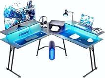 51 Inch L Shaped Gaming Desk with Monitor Stand and LED Lights&comma; Corner Computer Desk with Carbon Fiber Surface&comma; PC Gaming Table for Home Office Writing Workstation&comma; Easy to Install&comma; Black
