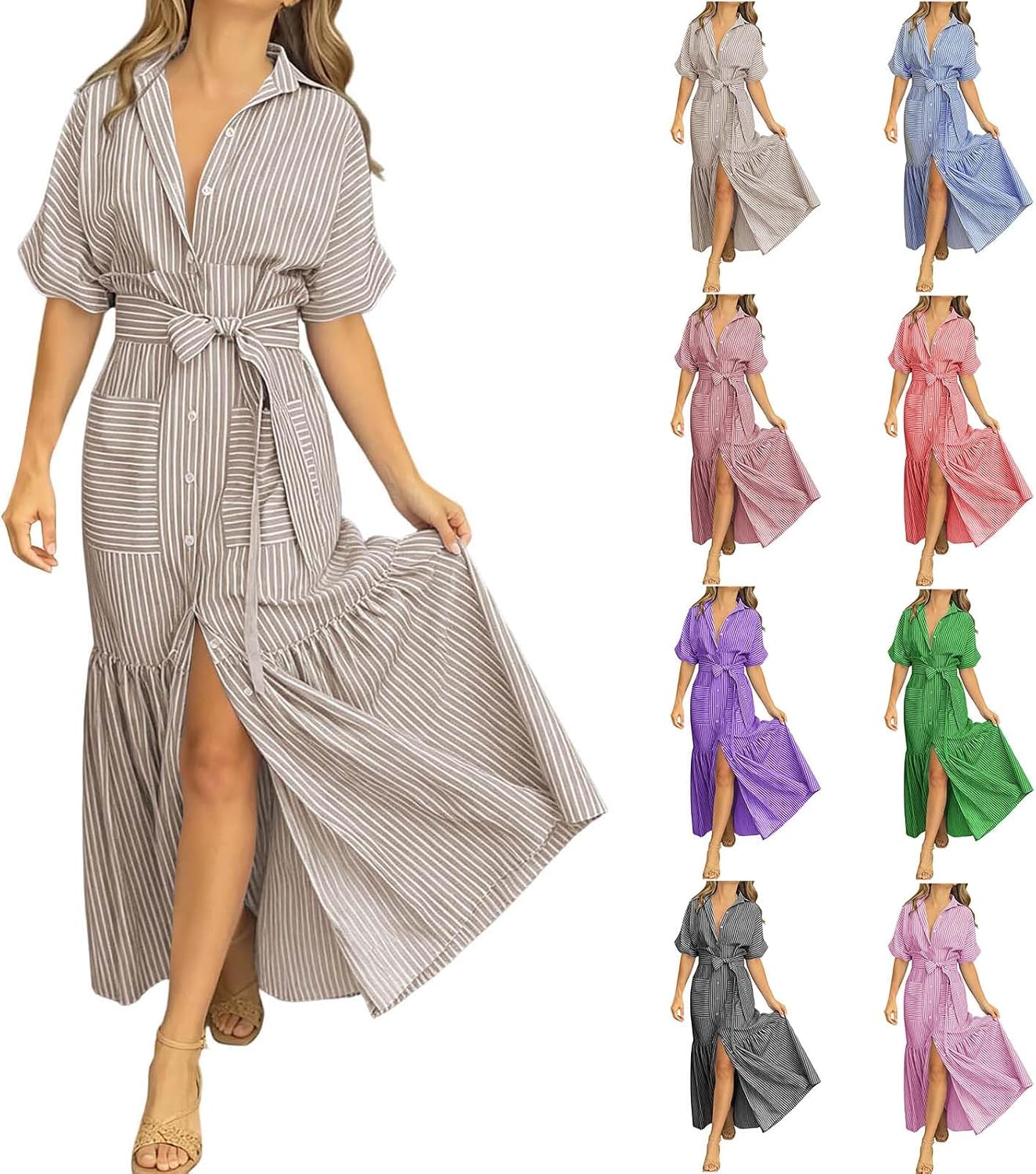 Women Ruffle Button Down Shirt Dress, Classic Striped Short Sleeve Maxi Dresses Business Casual Office Work Dress