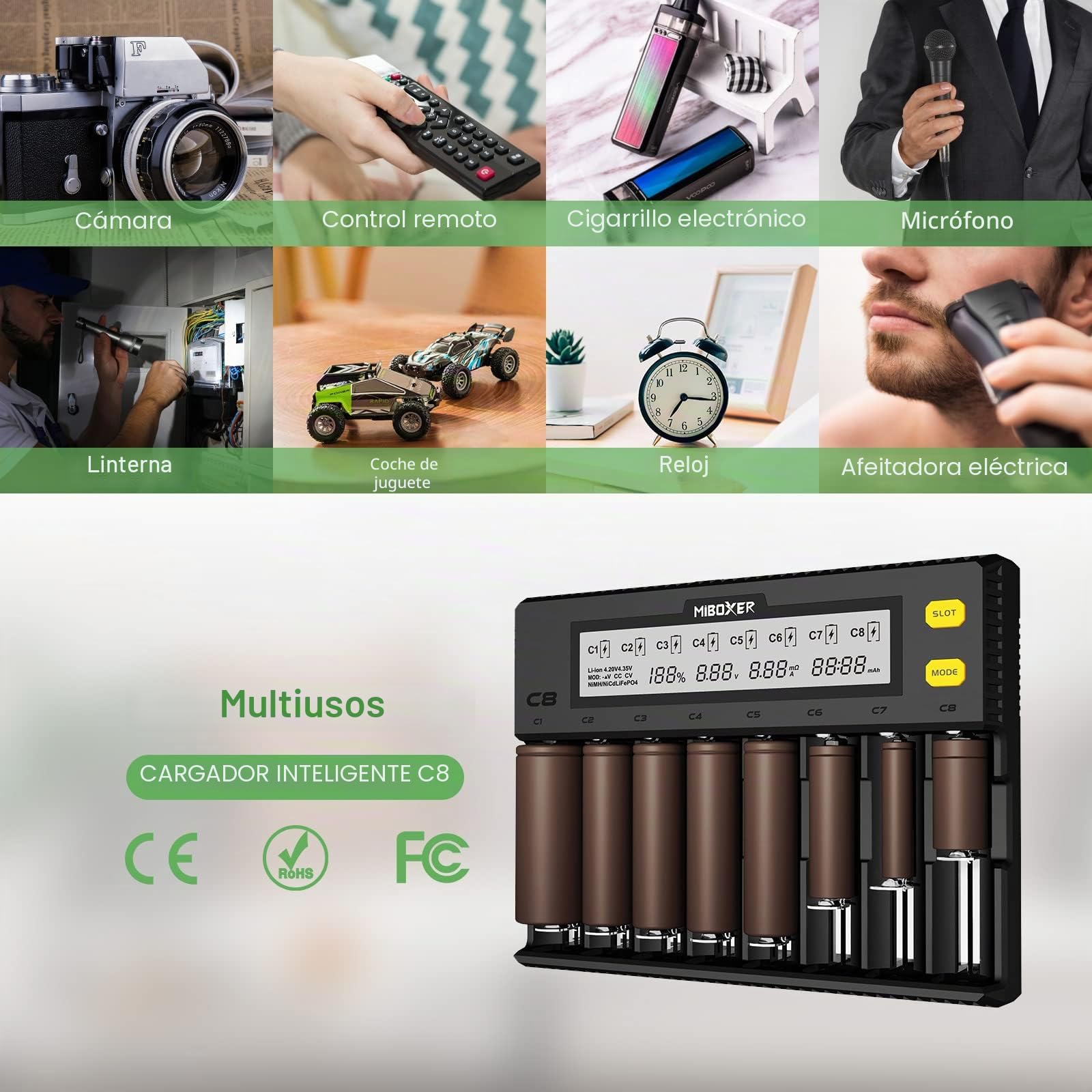 18650 - Cargador de batería universal con pantalla LCD para baterías NI-MH, NI-Cd, AA, AAA, 14500, 18350, 21700, 26650, Li-Ion LiFePO4, RCR123A (8 ranuras)