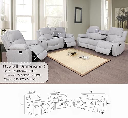 Miniatura 5 de Sofá reclinable manual, sofá reclinable de 3 plazas, sofá reclinable de microfibra gris y blanco para sala de estar, apartamentooficina en casa