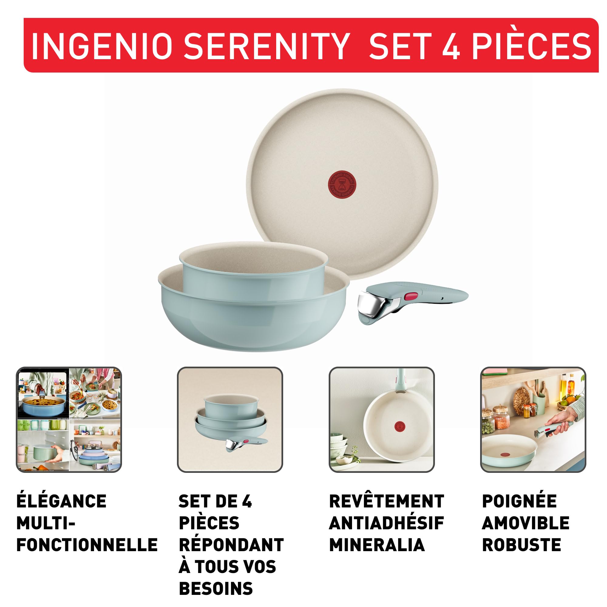 Tefal Ingenio Serenity, Batterie de cuisine 4pièces, Revêtement antiadhésif, Poignée amovible sécurisée, Design empilable, L8284S04 EUCALYP