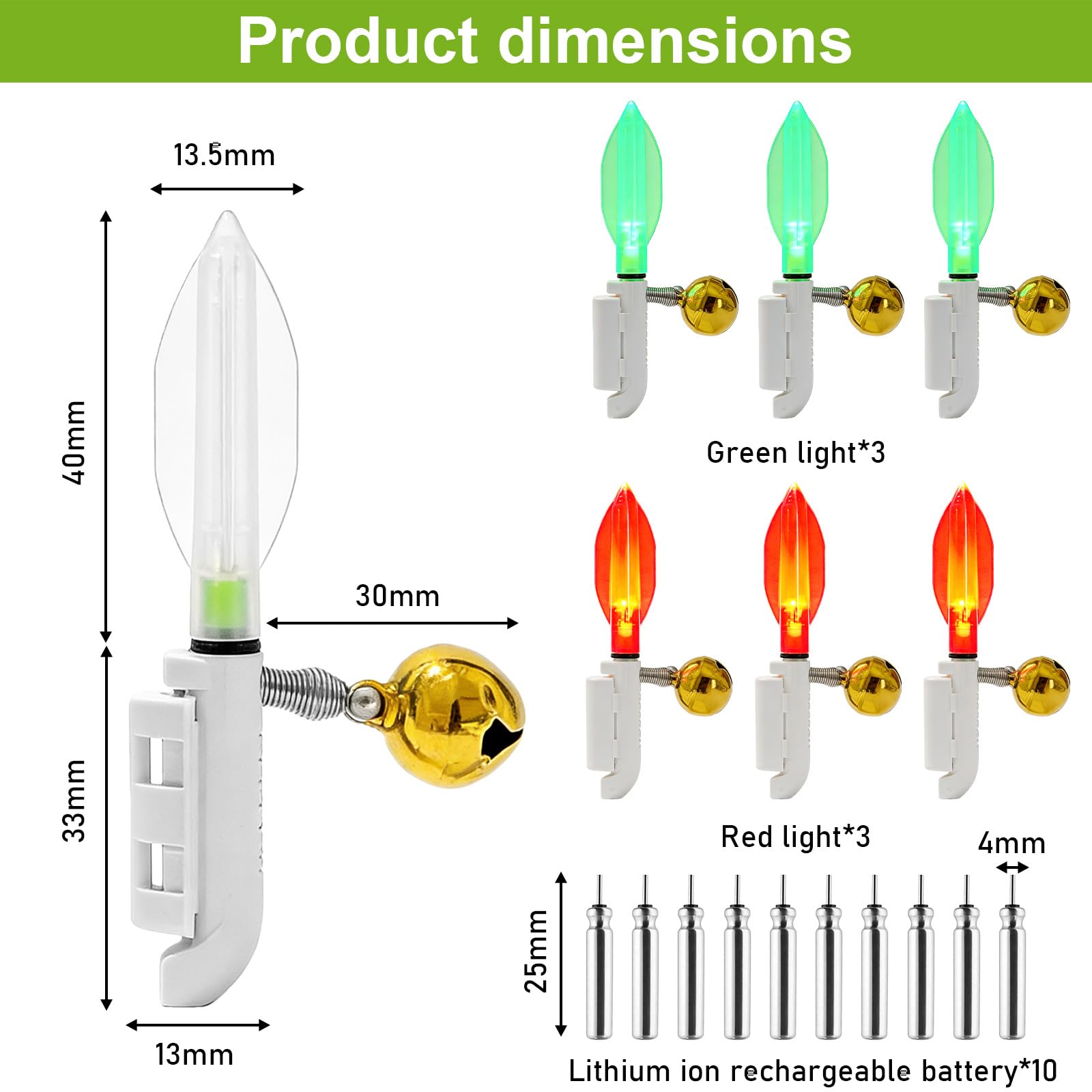 GBKDQQ 6 indicatori di abboccata per pesca, campanello di allarme, luci a LED, impermeabili, con fibbia, indicatore di abboccamento per canna da pesca (caricatore e batteria)