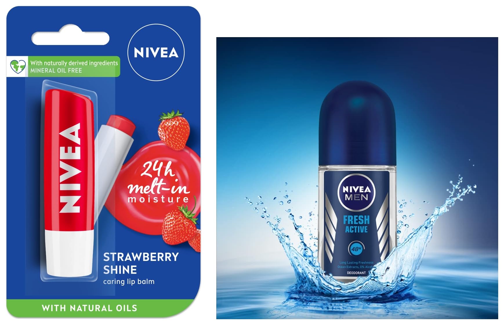 Nivea Fresh Active Roll On For Men, Anti-Perspirant, 50 Ml & Lip Balm, Fruity Strawberry Shine, 4.8G-image-0