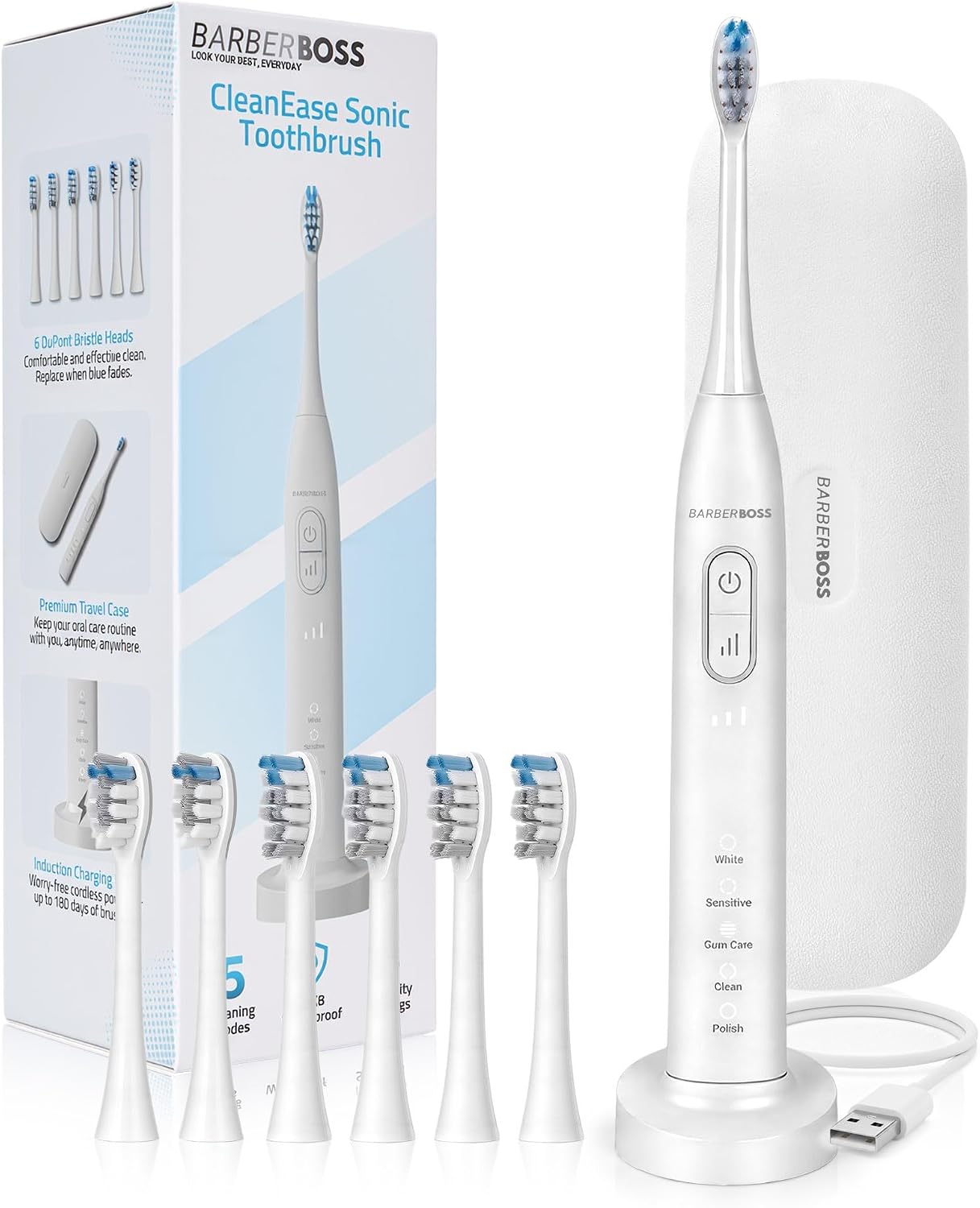 BarberBoss Electric Toothbrush, 5 Modes   3 Intensities, Pressure Sensor, 2-Minute Timer, 6 Brush Heads 4 Standard, 2 Mini, Travel Case, USB Charging Toothbrush for Adults, QR-7301