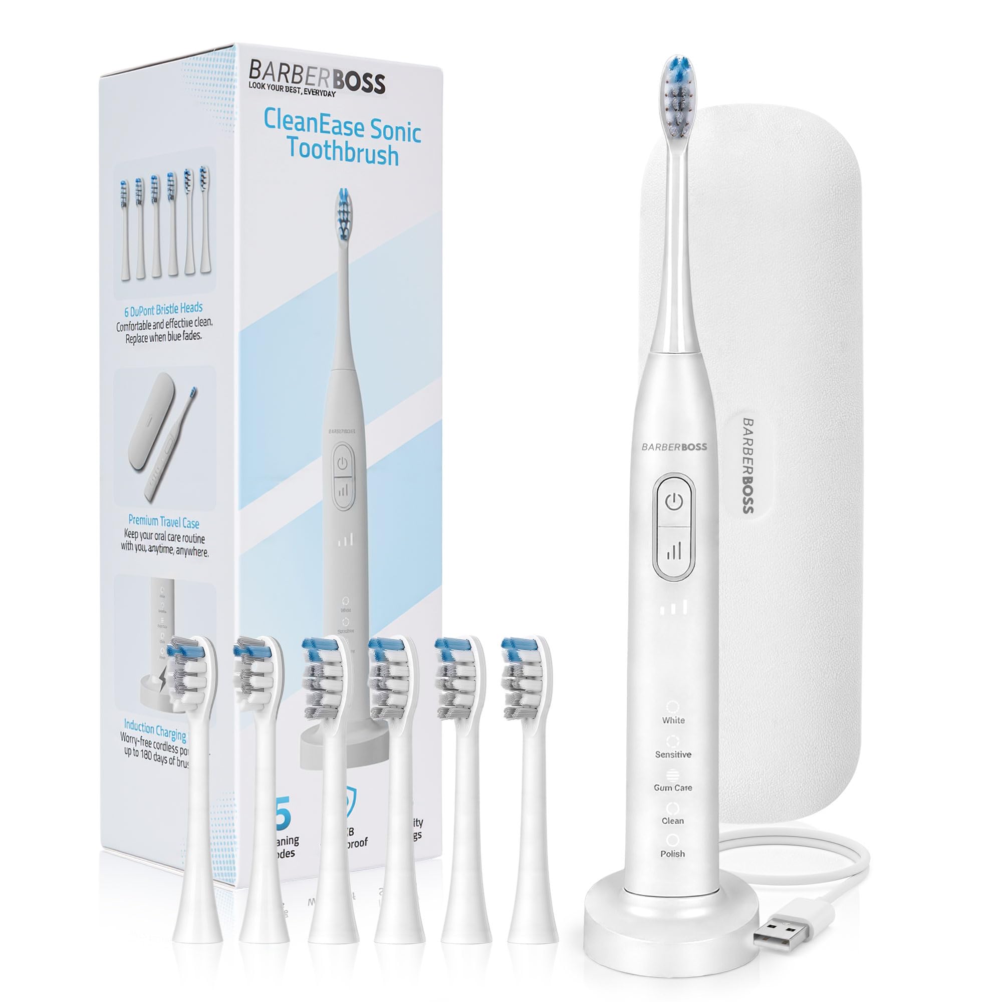 BarberBoss Electric Toothbrush, 5 Modes × 3 Intensities, Pressure Sensor, 2-Minute Timer, 6 Brush Heads (4 Standard, 2 Mini), Travel Case, USB Charging Toothbrush for Adults, QR-7301