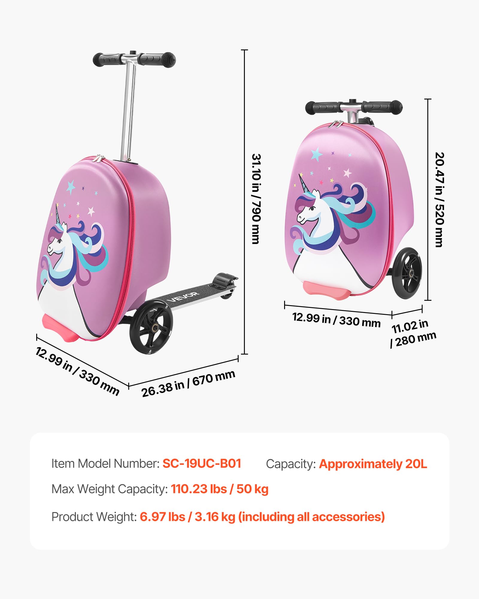 VEVOR Valigia per Monopattino da Viaggio 32,5 x 28,9 x 52,1 cm, Trolley per Scooter Carico max. 50 kg, Valigia per Scooter Impugnatura Antiscivolo in TPR, Monopattino Valigia Pieghevole, Viola