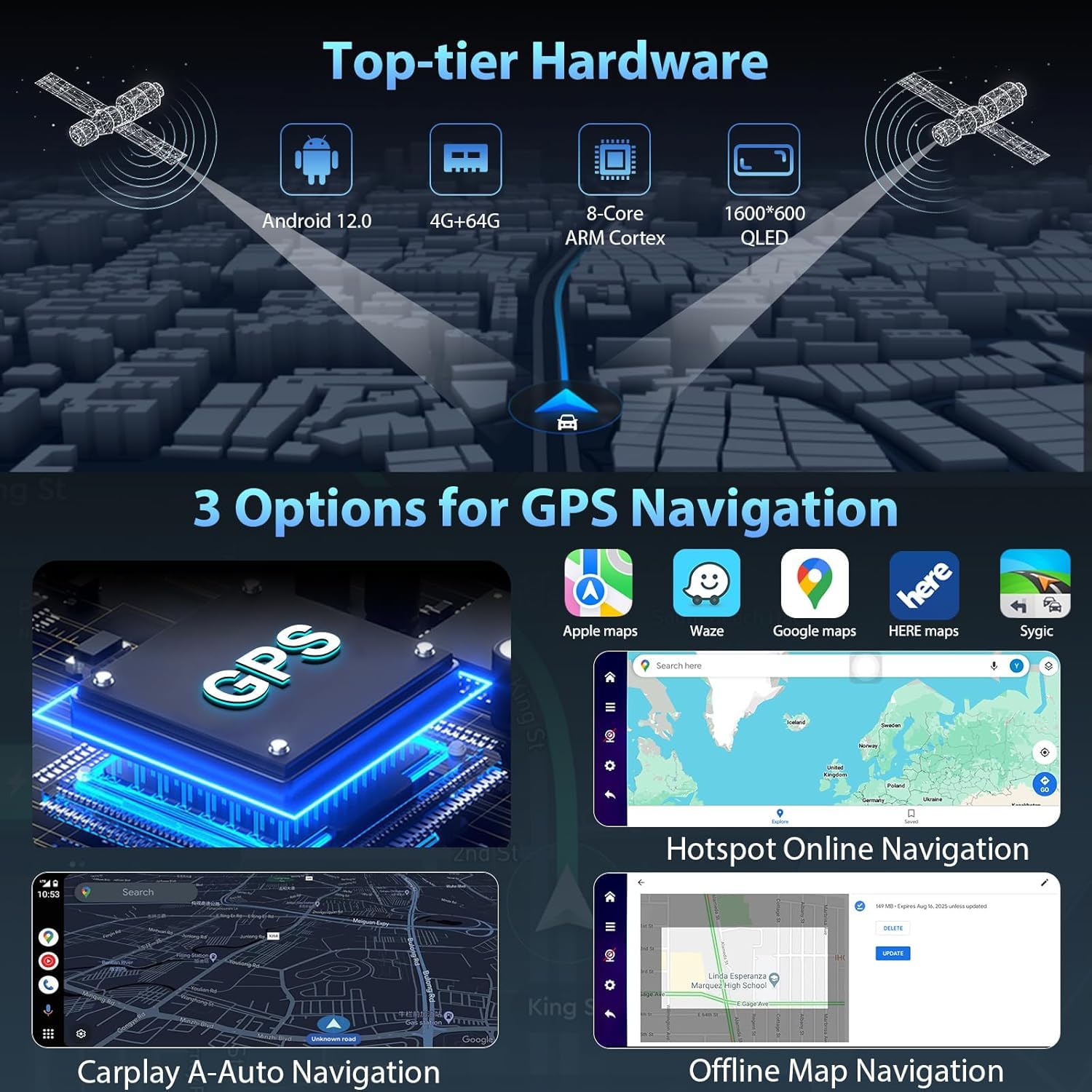 CARPURIDE CarPlay y Android Auto Inalámbricos 4+64 GB, Navegación en Línea y Fuera de Línea, Google Play, Mirror Link, BT, Antena GPS, Cámara Reversa, Pantalla Completa 10.26", área Visualización 9.3"