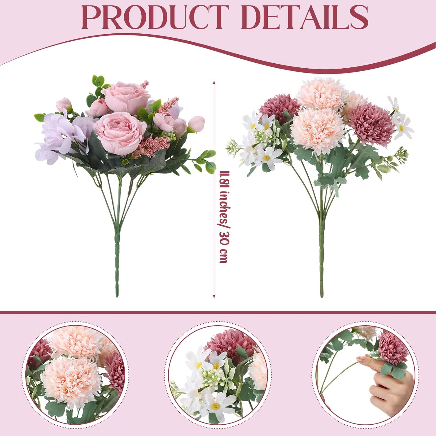 Geosar 6 Bundles Peonies Artificial Flowers Fake Hydrangea Silk Faux Chrysanthemum Ball Daisy Flowers Bouquet for Wedding Party Florals Arrangements Vase Table Centerpiece Decor(Pink, Light Purple) - Image 2