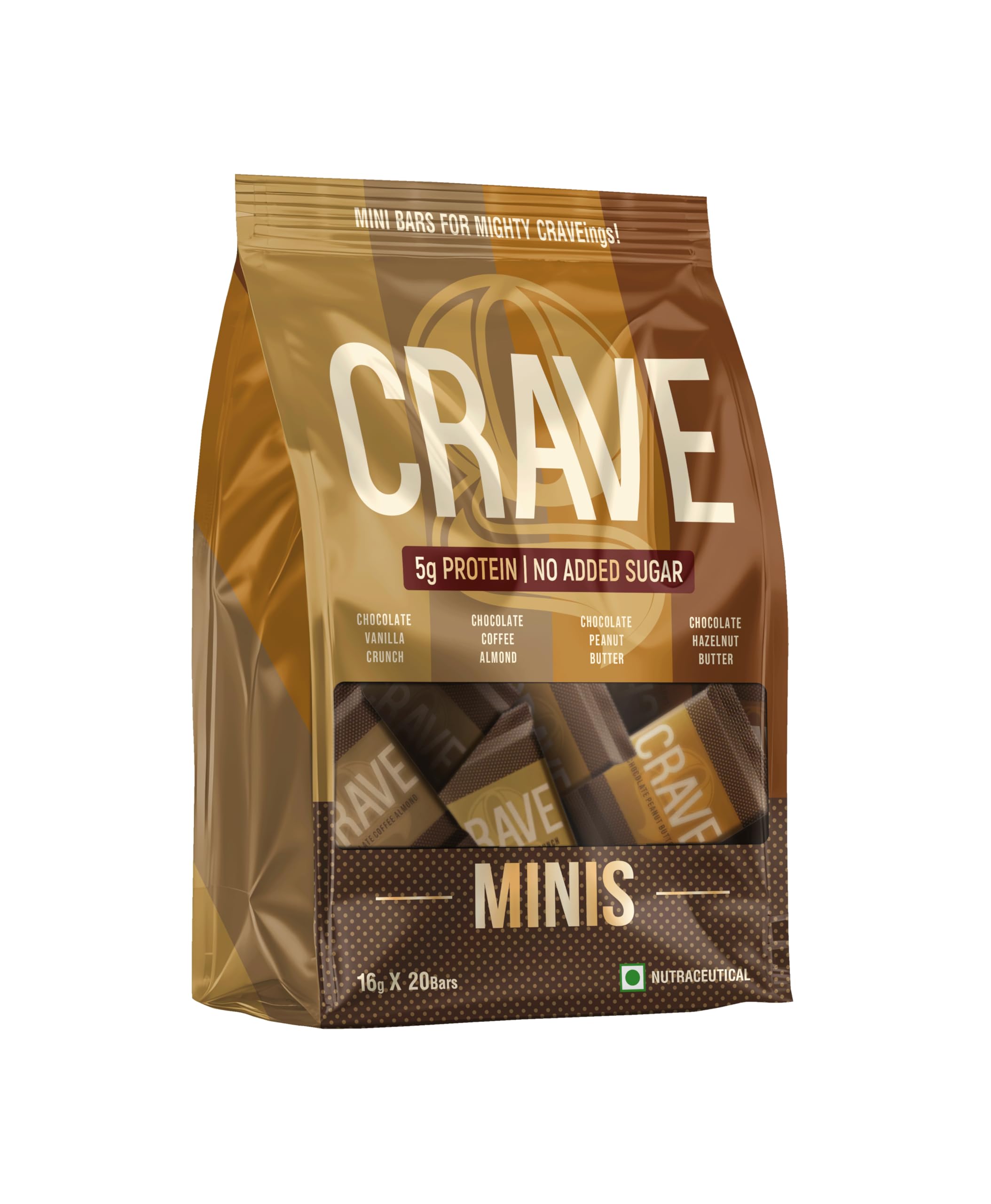 Green Protein - Mini Crave Plant Protein Bars (Pack of 20) | 5g Protein, Zero Added Sugar, High in Fiber | Crunchy Wafer Bar | Decadent Sugar-Free Chocolate, Creamy Nut Butters | Healthy Snacks for Kids & Adults | Tastes like a Cheat Meal | 100% Vegetarian | No Palm Oil | 320g