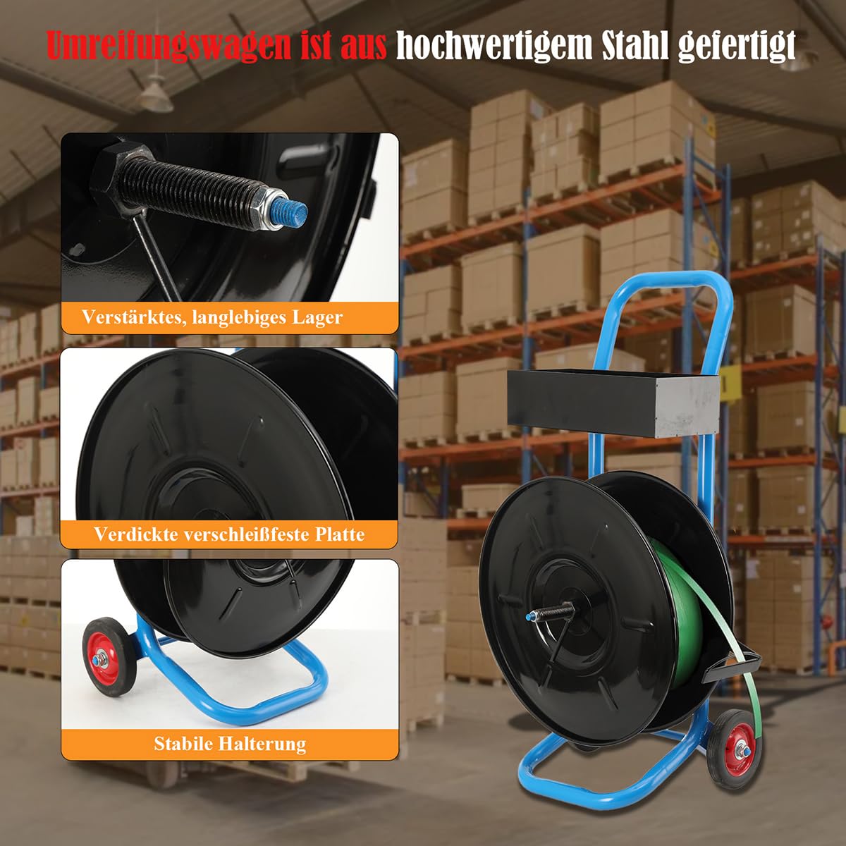 Abrollwagen Umreifungswagen für PP PET Polyesterfaserband Umreifungsbänder Umreifungsgerät, Fahrbarer Abroller Verpackungsriemenwagen für Kerndurchmesser 203 mm, Max Load 70Kg