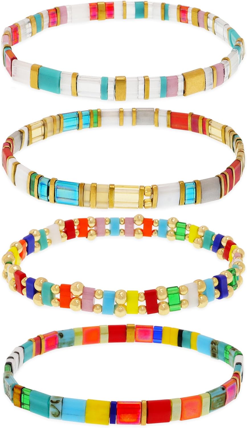 Tila Flat Beaded Bracelets Set for Women, 4Pcs Trendy Glass Stack Beads Stretch Bracelet Outfit Accessories Jewelry Gift.
