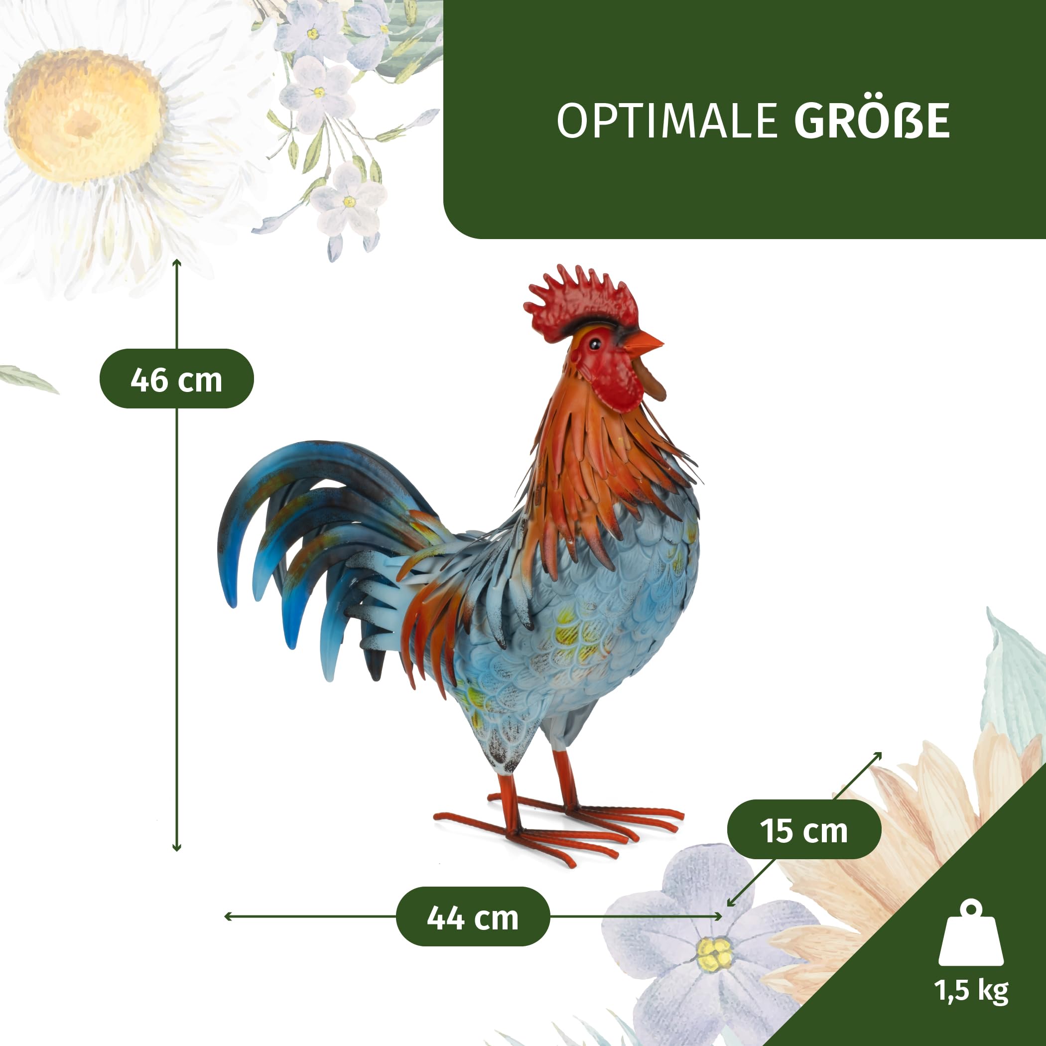 Moritz Deko Hahn Blau-Orange 46 cm - Gartenfigur Hühnerfigur aus Metall handbemalt - Landhausstil Vintage bunter Gockel freistehend für Garten Terrasse Balkon - Geschenk Frühling Ostern Muttertag