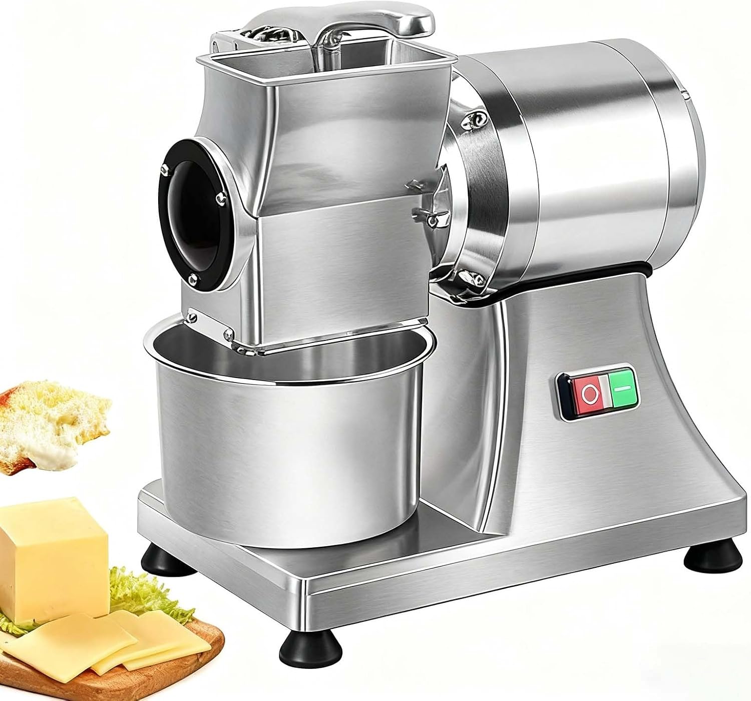 Electric Butter and Cheese Grinder, 900W Commercial Grade Stainless Steel Grating Machine, Heavy Duty Design with Safety Shield, Processes 60kg per Hour, Includes Large Bucket, for Block Cheese