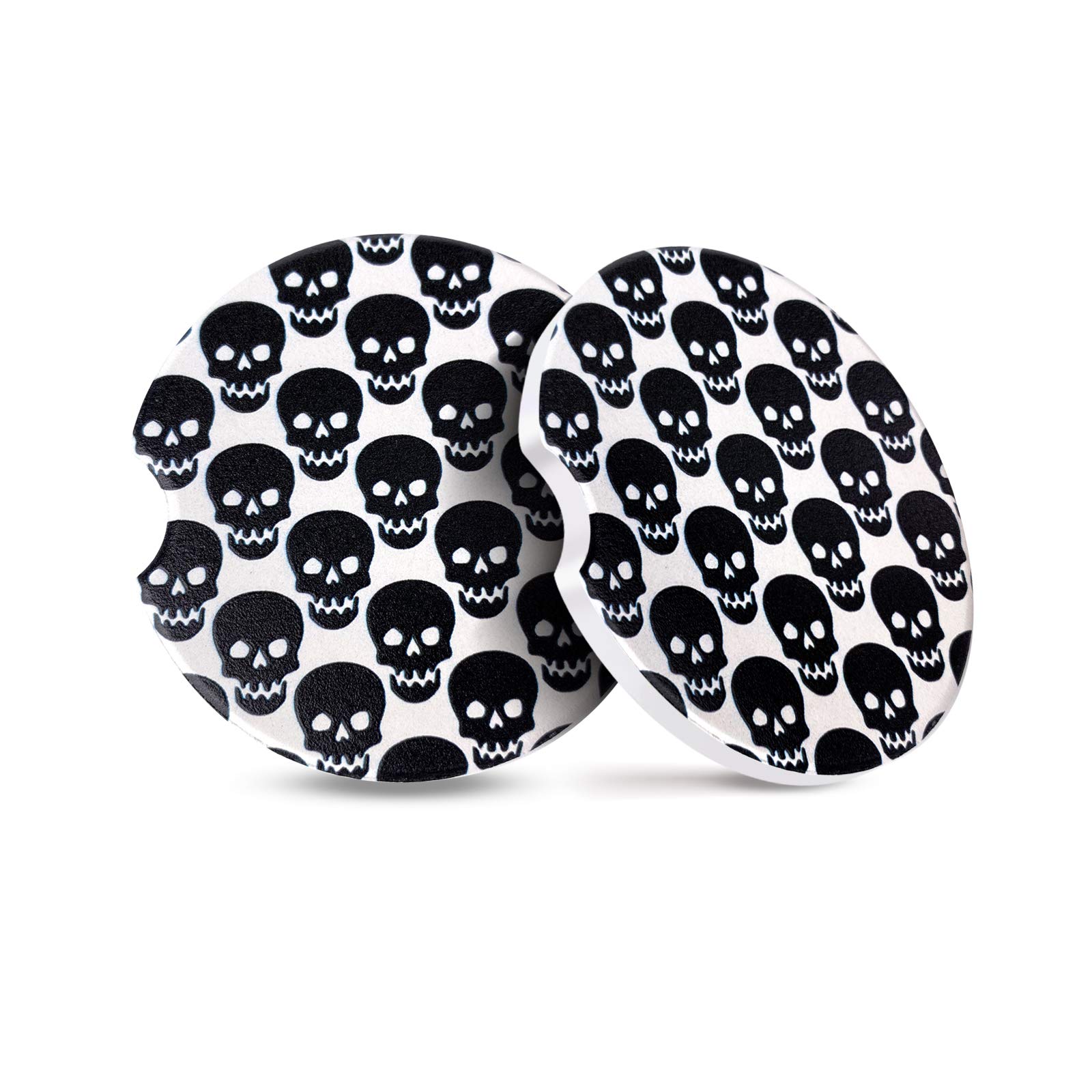 Car Coasters for Cup Holders,2pcs Pack 2.56" Absorbent Car Coaster,Ceramic Stone Perfect for Absorb Drinks Water Drops (Black Skull)