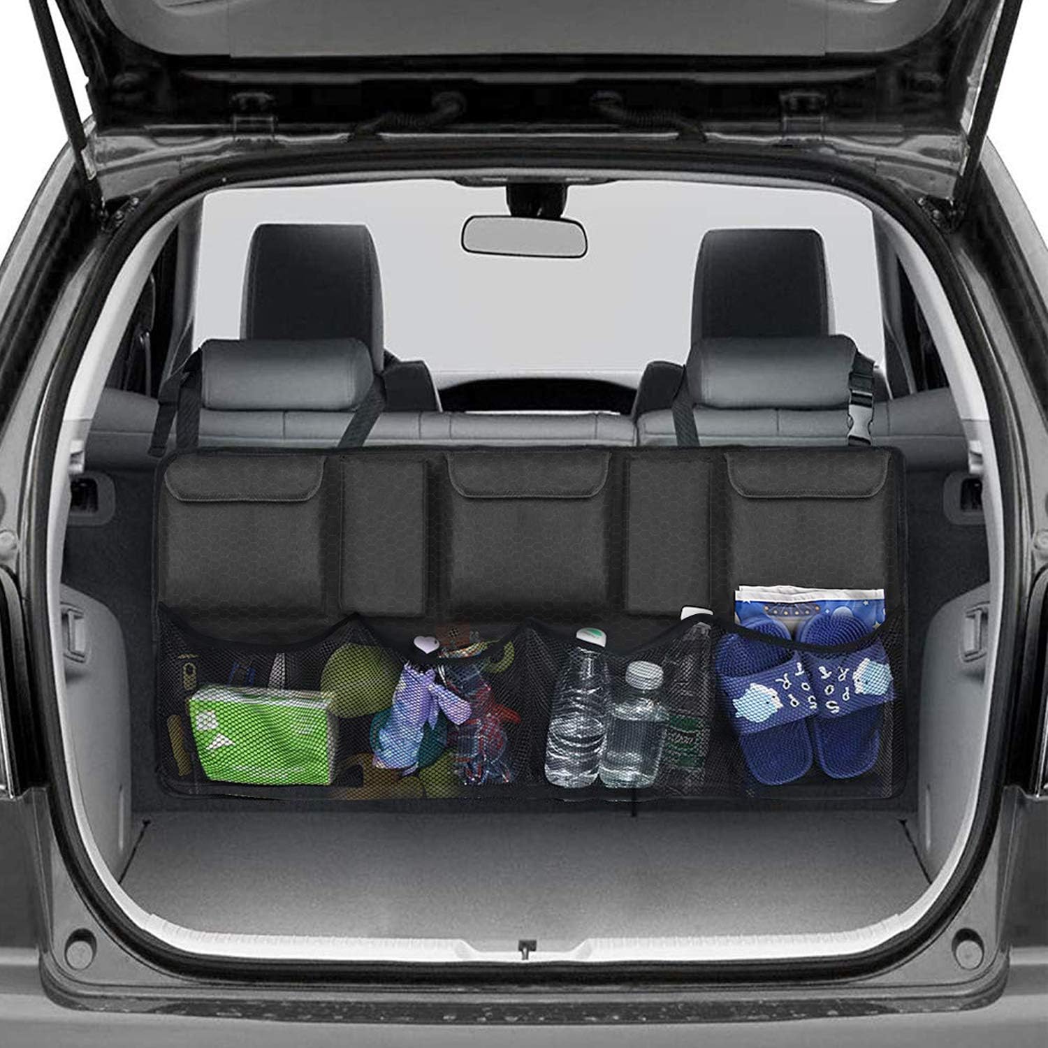 Backseat Trunk Organizer for SUV & Car Hanging Organizer Foldable Cargo Storage Bag with 9 Pockets Adjustable Strap Durable Cover and Fit for Most Vehicles