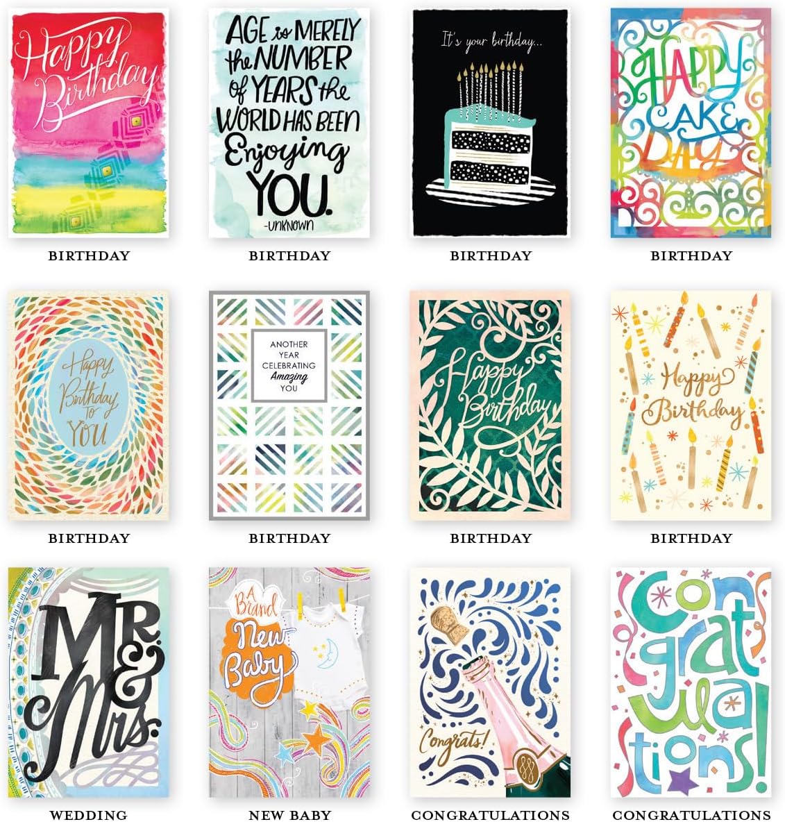 Designer Papers All-Occasion Greeting Card Boxed Assortment (24 Cards with Envelopes) Multicolor Striped Organizer Box – Birthday, Thank You, Get Well, Sympathy, Wedding, New Baby and Congratulations