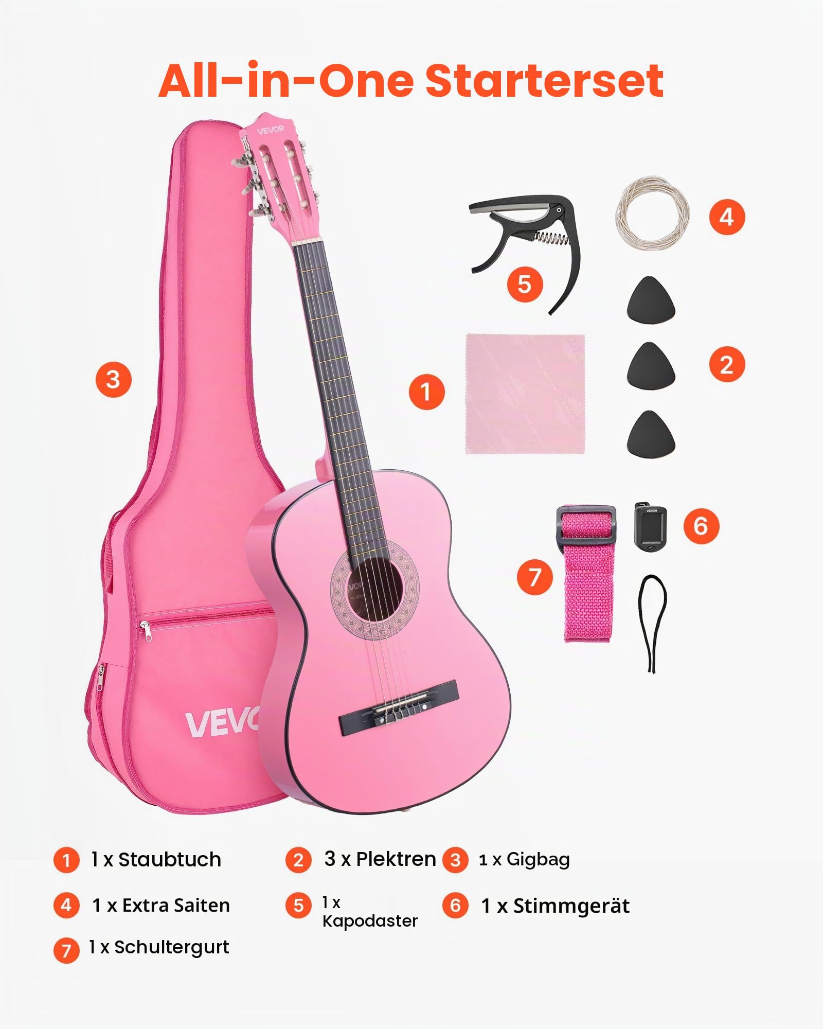 VEVOR Konzertgitarre, 960 mm, Holz-Klassikgitarren-Starter-Set für Anfänger, mit Nylonsaiten, Gigbag, Gurt, Stimmgerät, zusätzlichen Saiten, Plektren, Kapodaster, Linde, für Einsteiger, Pink