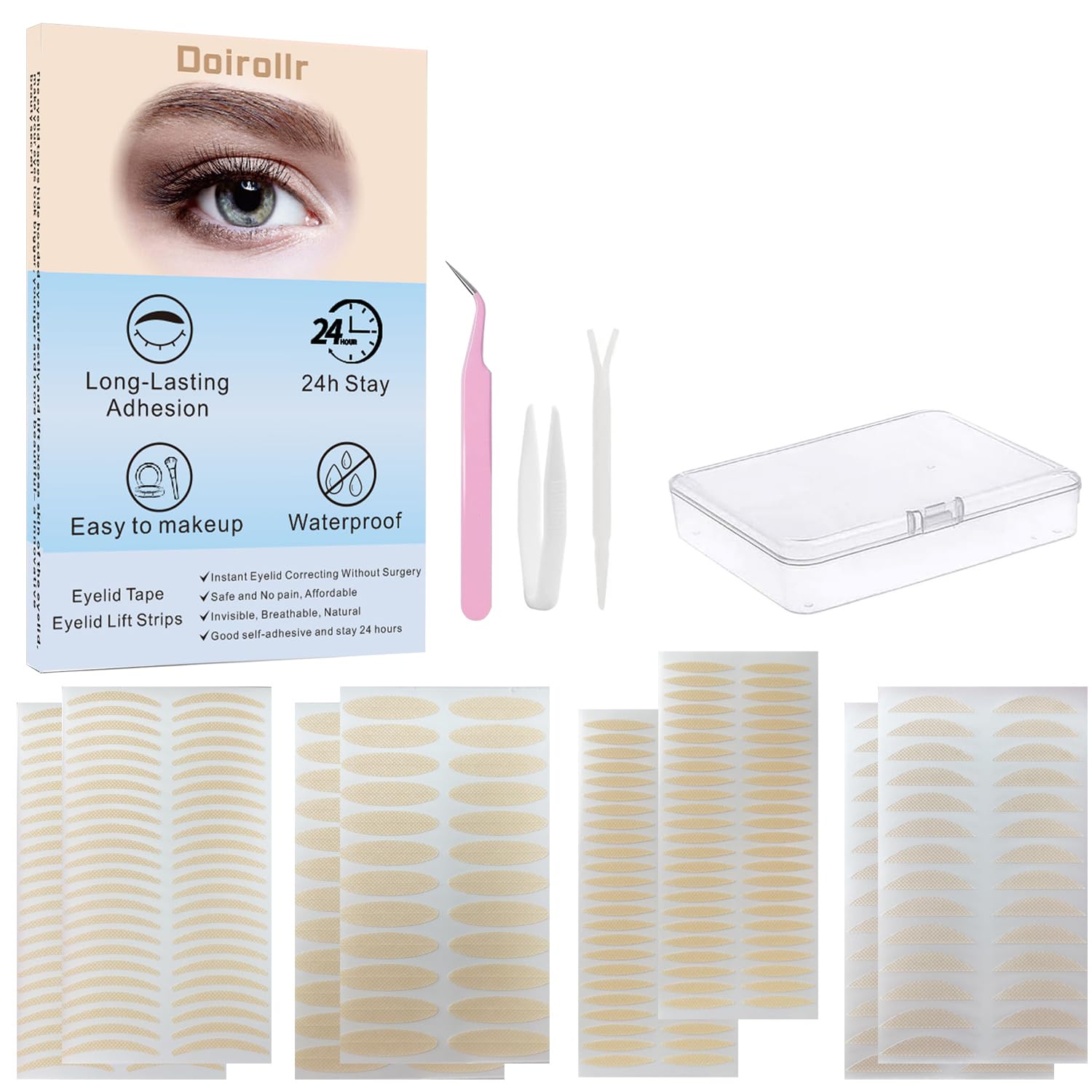 Doirollr 1440Pcs 4Styles Eyelid Tape | Eyelid Lifting Stripes for Hooded Eyes | Invisible Correcting Tape for Droopy Eyes | Multiple Sizes for All Eye Shapes | Self-Adhesive, Easy to Apply