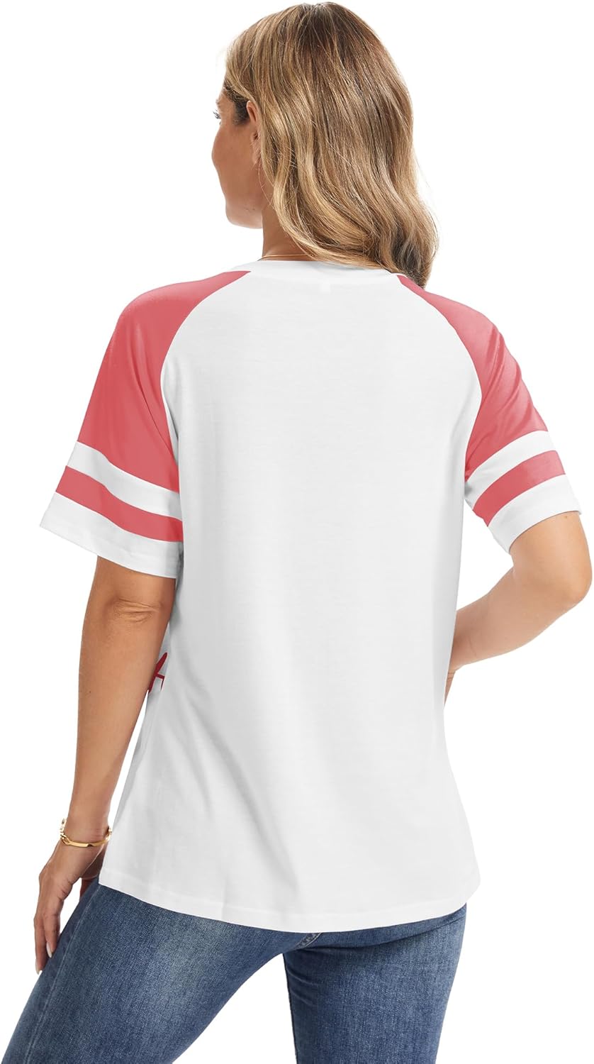 Womens V Neck Baseball Shirts Short Sleeve Patchwork Baseball Print Raglan Baseball Tees - Image 4