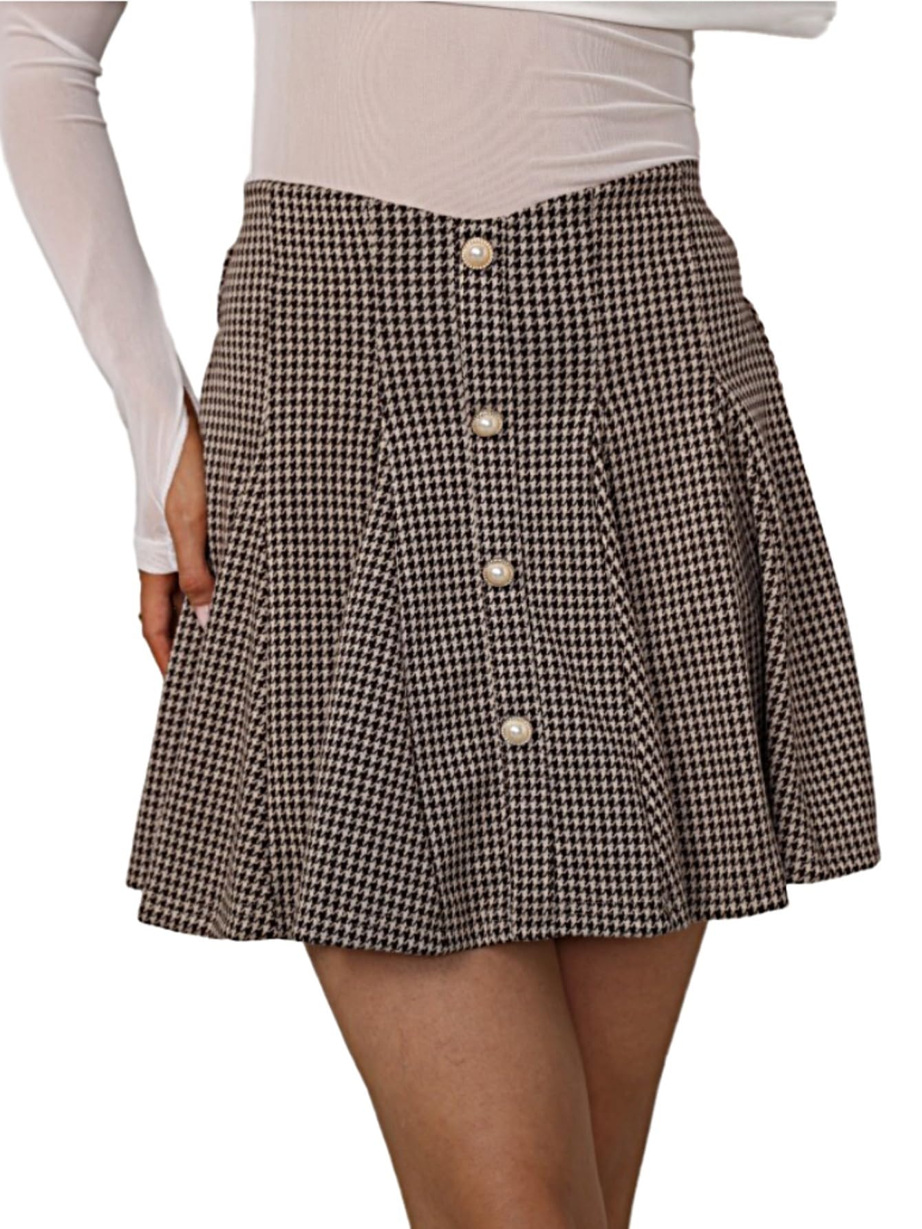 MakeMeChic Womens Houndstooth Pearl Beaded Skirt High Waisted A Line Pleated Preppy Short Skirt