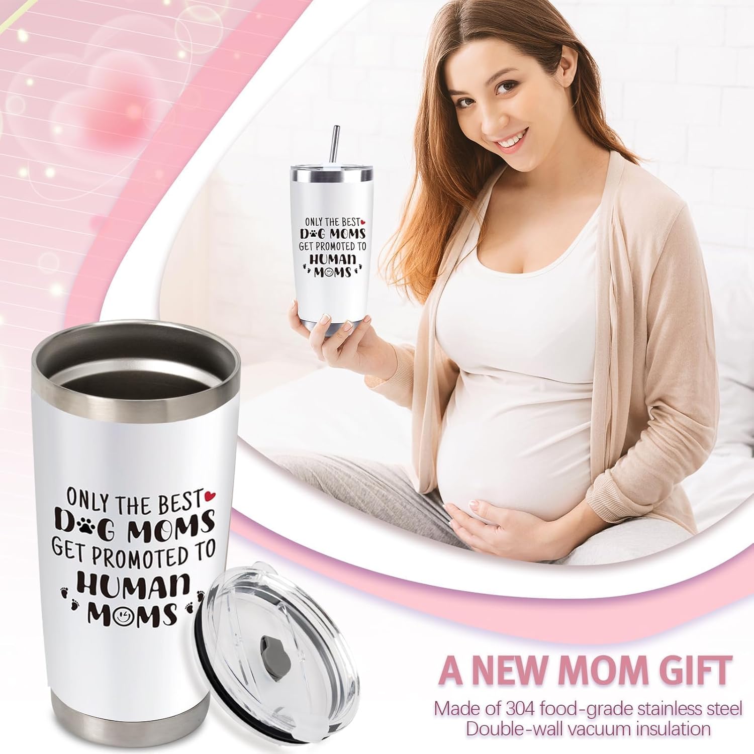 New Mom Gifts for Pregnant Women, 20 Oz Stainless Steel Tumbler Set Funny Dog Mom Pregnancy Gift for Expecting Mom, Mother to be Gift for First Time Moms Wife Friend Mother Day Xmas Presents - Image 2