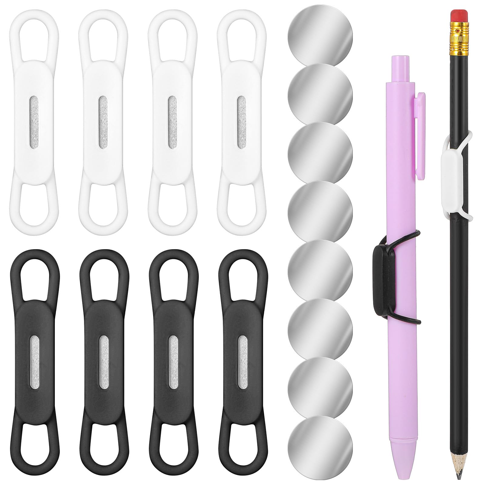 WJIAAA 8 Pcs Magnetic Pen Holder, Silicone Adjustable Pen Holder for Fridge Whiteboard Desk Teacher Supplies, Includes 8 Magnetic Clips (Black White)