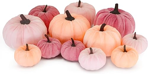 12 calabazas flocadas de imitación, perfectas para la cosecha de otoño, Halloween o centros de mesa de Acción de Gracias. (12, rojo rosa, morado y