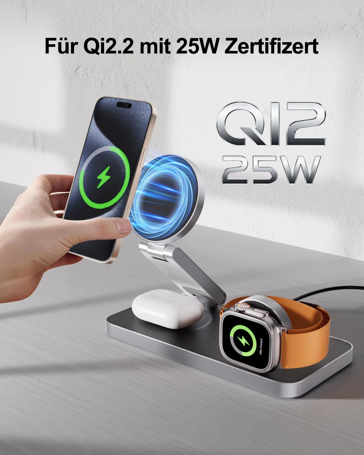 3 in 1 Ladestation mit Qi2.2 25W, Ladestation Apple Watch und iPhone Kompatibel mit Magsafe Ladestation Wireless Charger Für iPhone 17/16/15/14/13/12, AirPods, Apple Watch, mit 35W Adapter