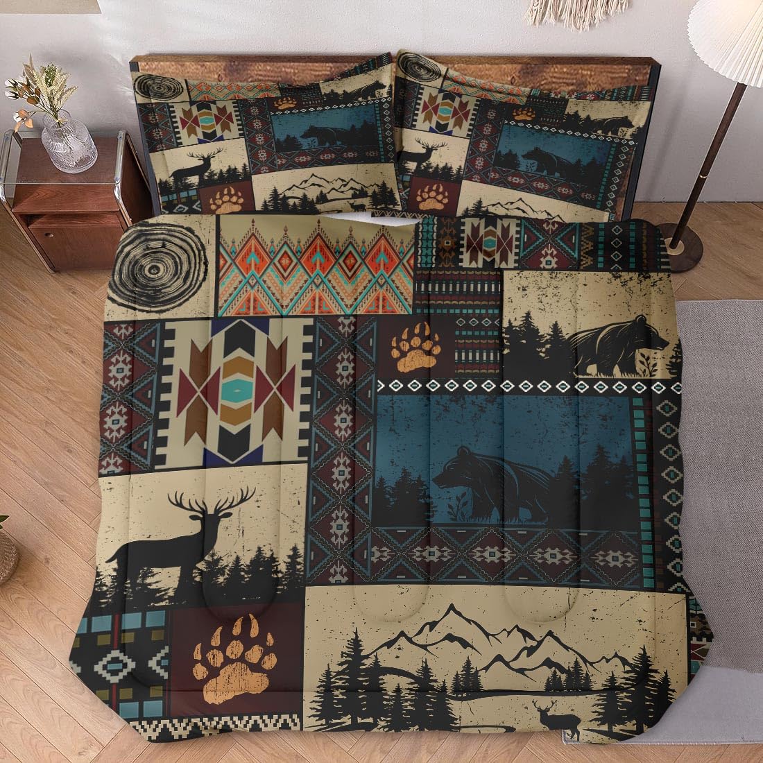 WeCozy Full Size Comforter Set with 2 Pillowcases, Deer Bear Animal 3 Pcs Bedding for Kids and Adults, Black White Abstract Soft Comforter Set for Bedroom Bed Decor