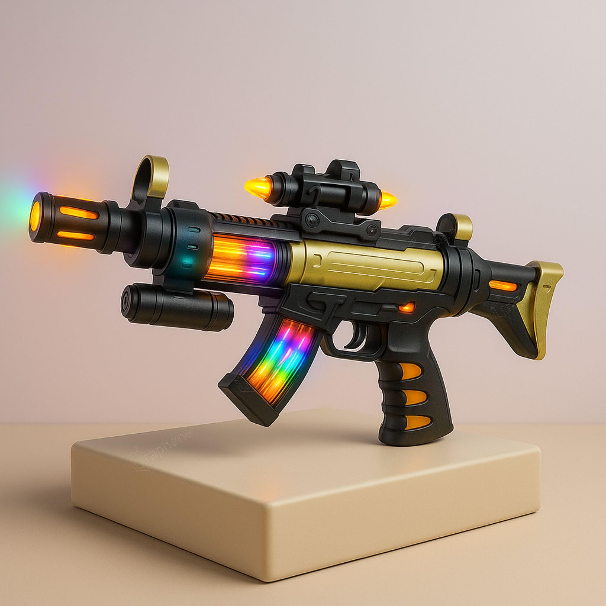 GRAPHENE Music Toy Gun for Kids with 3 AA Batteries Sound Light Shooting Vibration Army Style Musical Pretend Play Police Golden Gun Ak 47 Toy Boys & Girls Multicolor (Pack of 1)