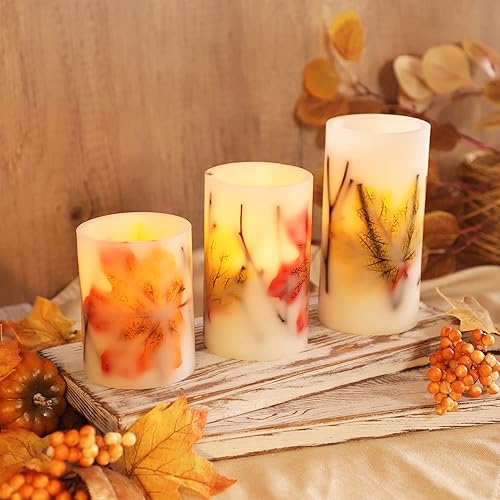 Miniatura 7 de Velas sin llama de otoño, velas LED de hoja de arce otoñal con control remoto y temporizador, velas de cera real parpadeantes realistas para fiestas