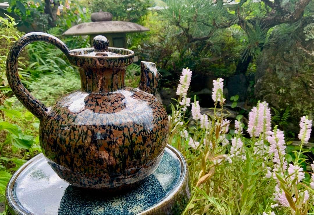 陶器製 水差し 蓋付き 茶色と緑 水差し グリーン」 包装用品・店舗用品