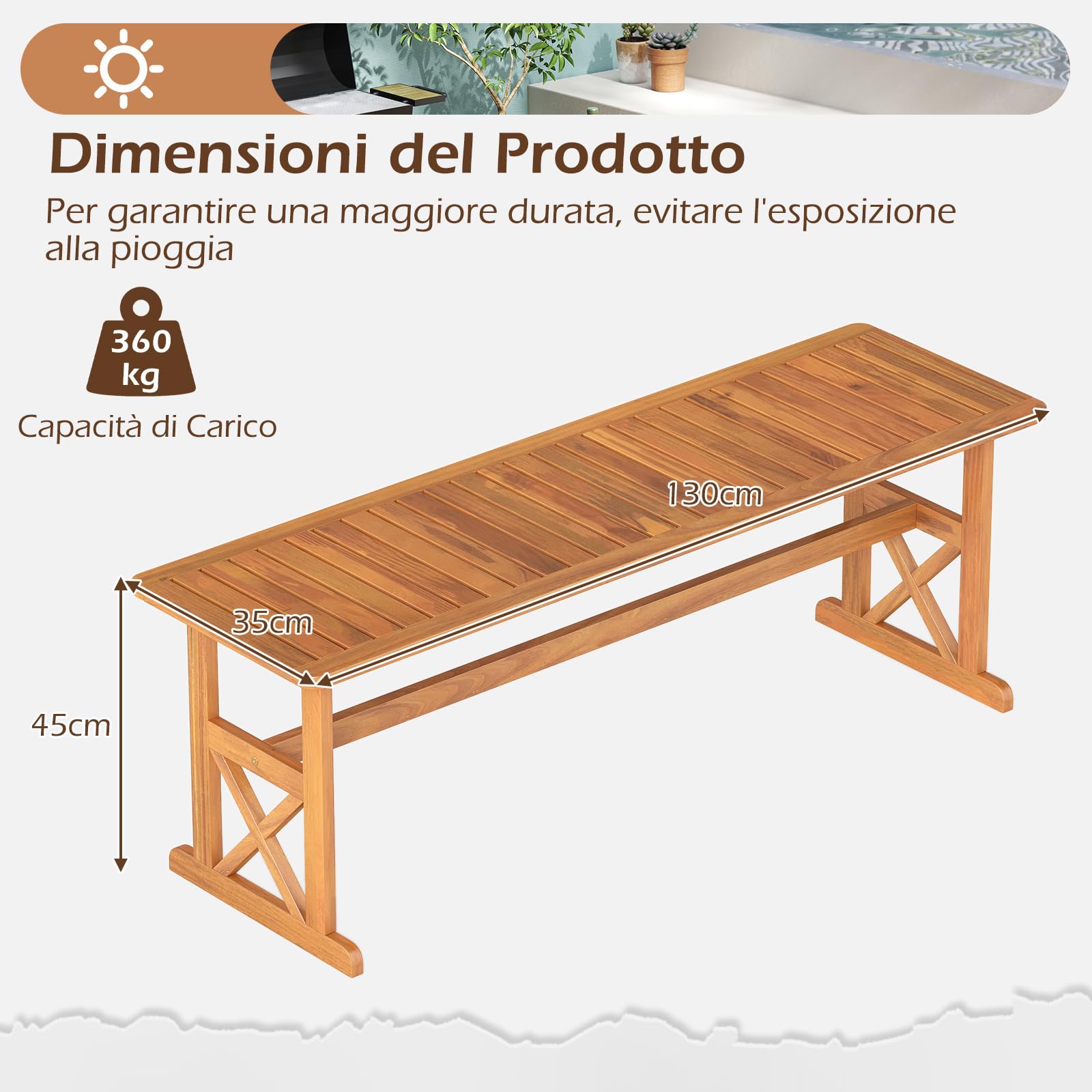 COSTWAY Panchina da Esterno in Legno di Acacia, Portata 360 kg, Panchina per 2-3 Persone senza Schienale con Sedile a Doghe, Panca Esterno per Veranda, Giardino, Balcone e Cortile (1)