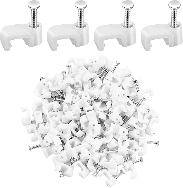 200PCS 6mm Flat Cable Clips Management Ethernet Cable Clips White Cable Tacks Skirting Wire Clips Nail Electrical Cable Fixings Wire Tidy Wall Tacks Wire Pin Cable Wire Holder Nail with Steel Nail