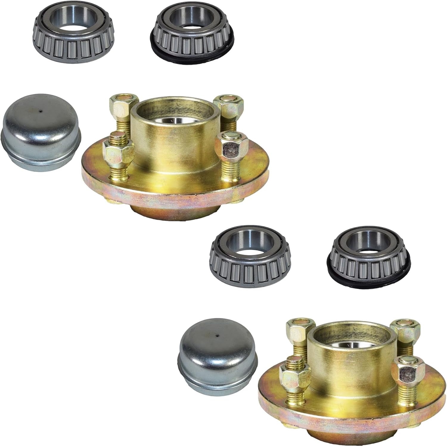 Pair of Trailer Cast Wheel Hub 100mm PCD 1" Taper Bearing 4 Studs Nuts + Caps