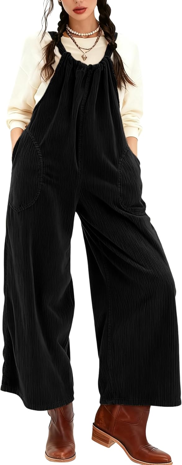 Yeokou Corduroy Overalls for Women Casual Barrel Wide Leg Bib Pants Loose Sleeveless Jumpsuit with Pockets