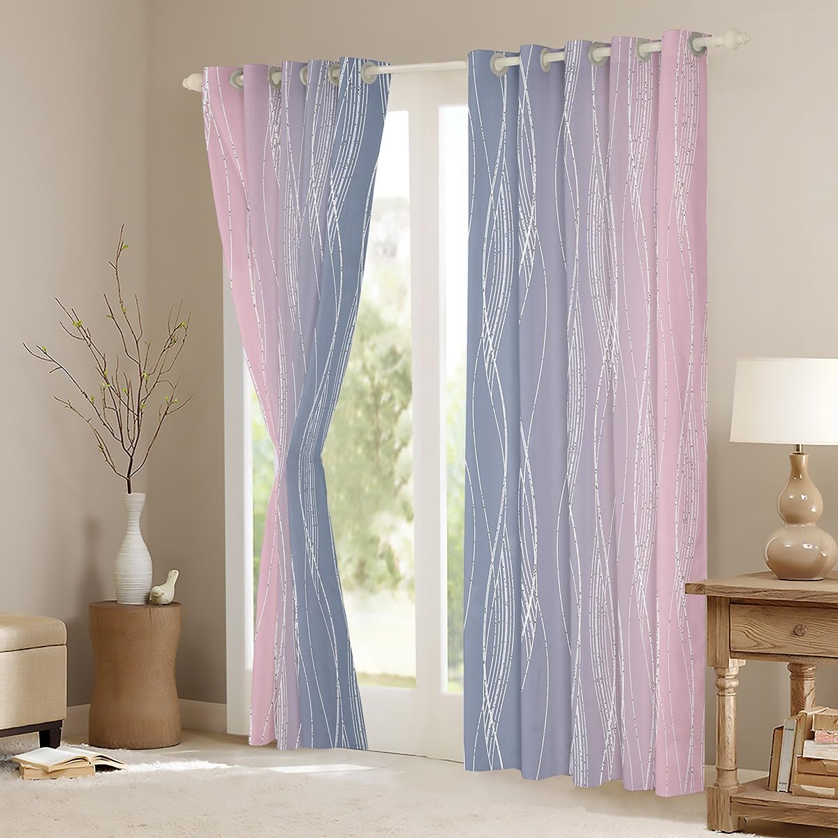 Homewish Pink & Grey 46" Wx54 L Blackout Curtains for Girls Room, Watercolor Ombre, Geometric Wavy Stripe, Abstract Pattern - Image 4