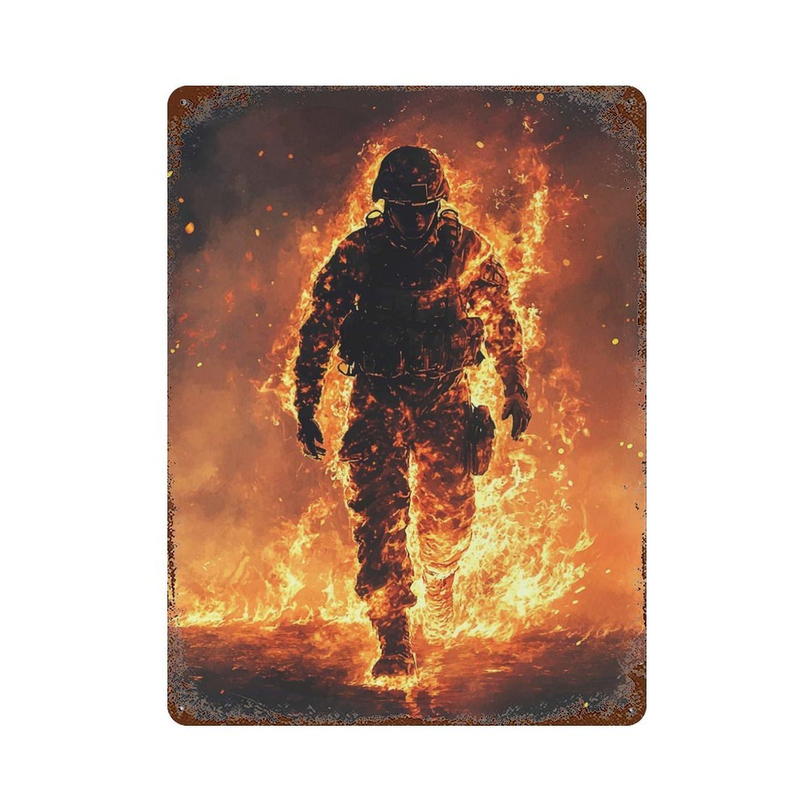 Burning Soldier 15.7"x11.8" Retro Metal Sign, Old School Wall Decor for Office, Studio And Wall Decor