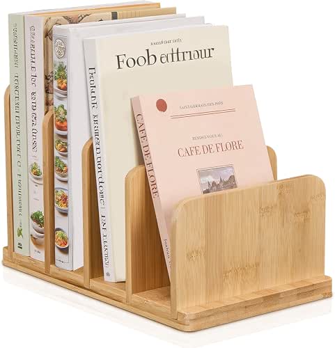 Cook Book Organizer,Bamboo Cookbook Stand for Kitchen Counter with 4-Slot,Sturdy